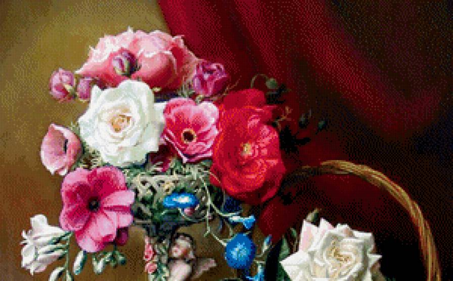 старинная картина часть 1 - корзина, цветы, розы, шкатулка, живопись, роза, статуэтка, ваза, букет - предпросмотр