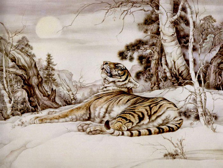 тигр - китайская живопись, тигры - оригинал
