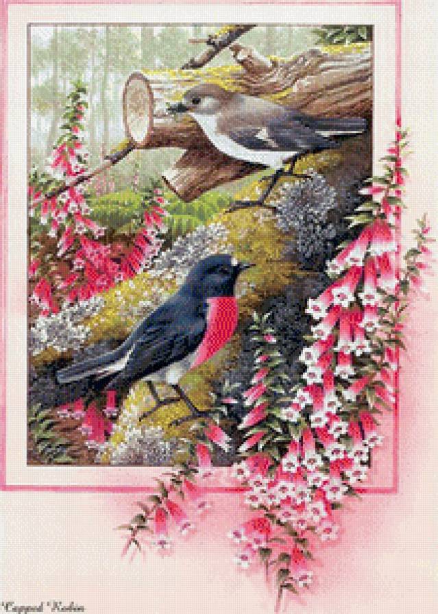 Птицы - деревья, птицы, цветы, пейзаж - предпросмотр