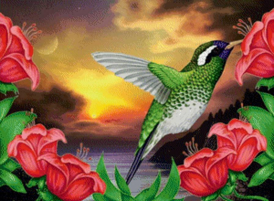 летний пейзаж - птица, природа, цветы, лето - предпросмотр