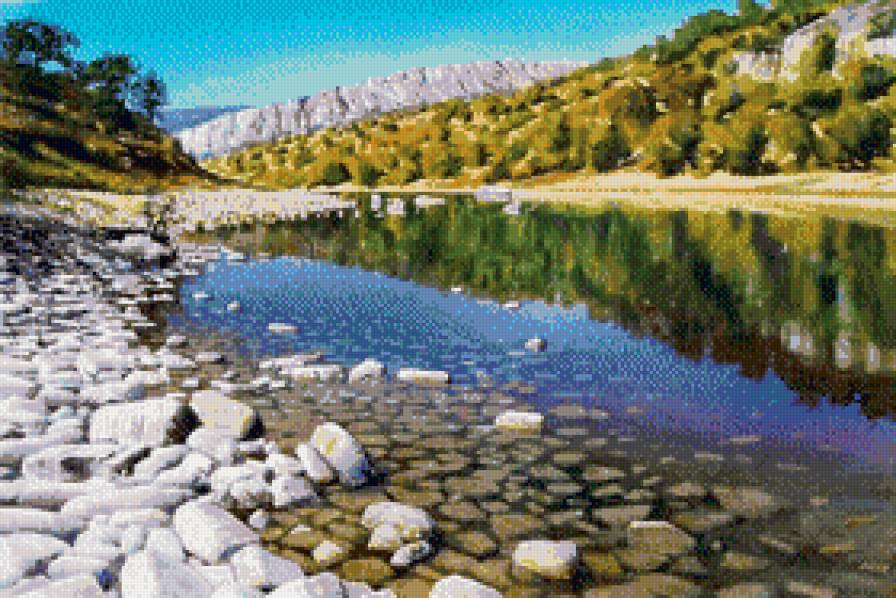 Солнечный берег - лес, берег, камни, горы, река - предпросмотр