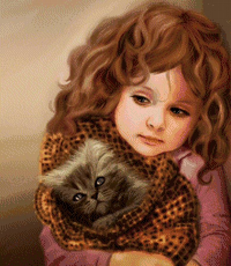 Девочка с котенком - девочка, живопись, кошки, котята - предпросмотр
