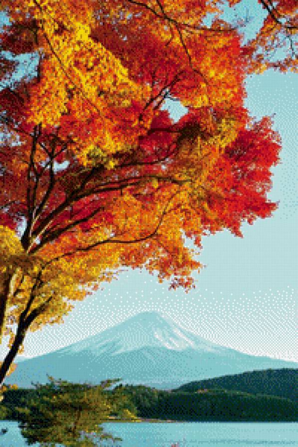 Фудзияма - дерево, япония, осень, река, вулкан, горы, пейзаж, природа - предпросмотр