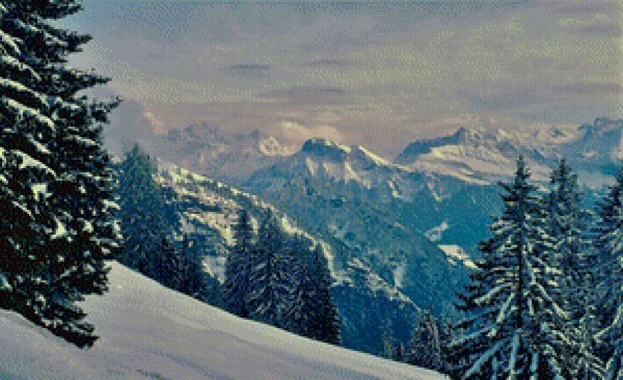 Швейцарские Альпы - пейзаж, природа, зима, альпы, лес, снег, горы - предпросмотр