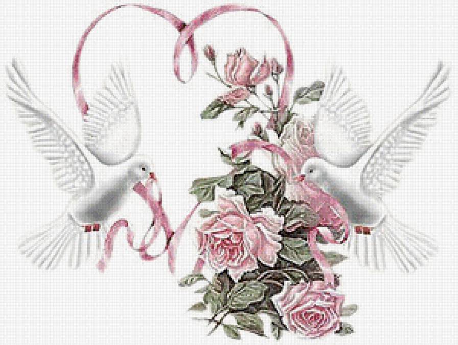 любовь и голуби - любовь, пара, розовые цветы, роза, голуби, сердце, свадьба, птицы, розы - предпросмотр