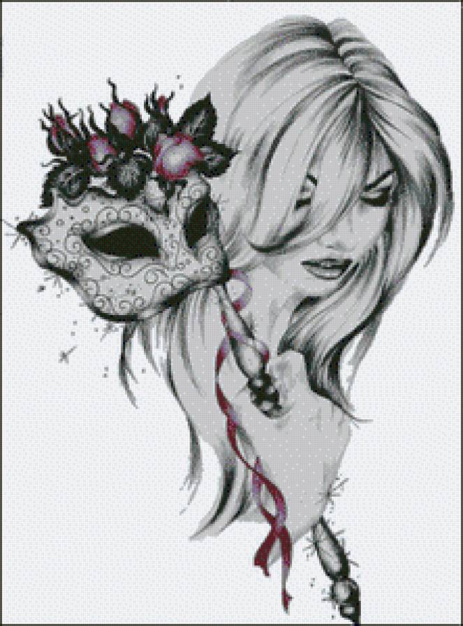 девушка с маской - женщина, картины, девушка, монохром, картина - предпросмотр