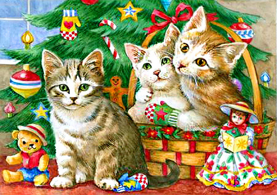 новогодняя - котенок, корзина, елка, кукла, мишка, бант, новый год, кот, игрушки - оригинал