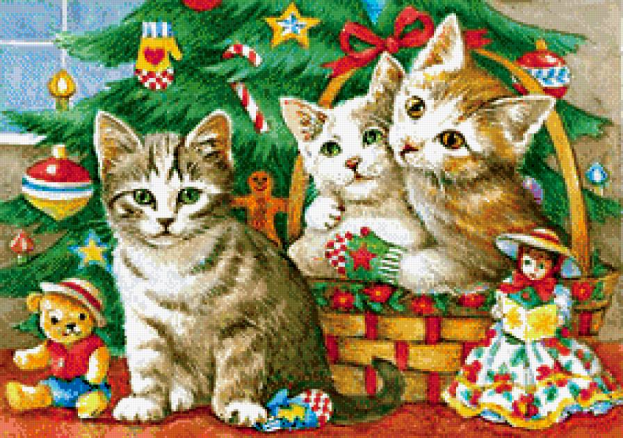 новогодняя - котенок, кот, кукла, мишка, новый год, елка, игрушки, бант, корзина - предпросмотр
