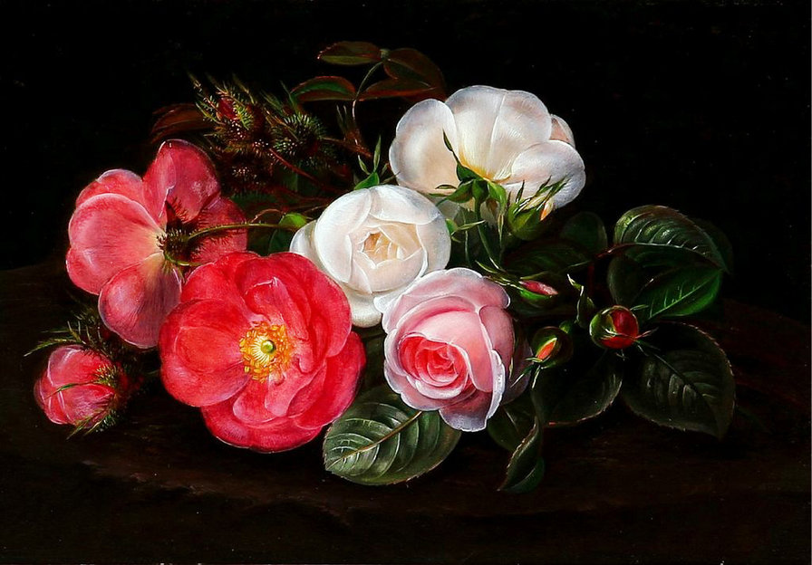 старинная картина - роза, цветы, букет, живопись, розы - оригинал