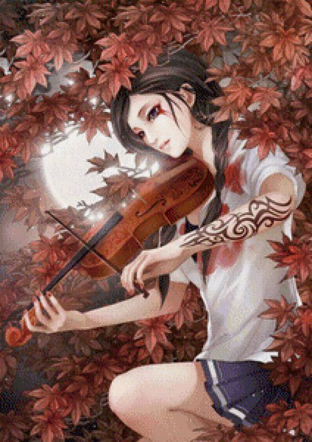 скрипачка - луна, клен, живопись, аниме, осень, девушка, женщина, листья, скрипка - предпросмотр
