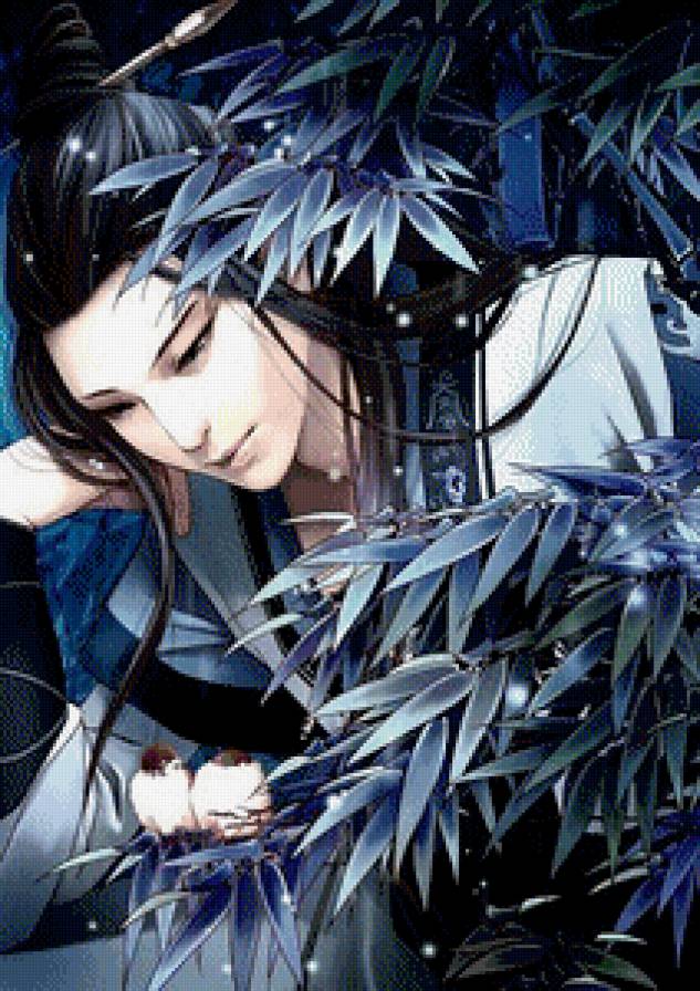 парень аниме - живопись, мужчина, восток, птицы, бамбук - предпросмотр