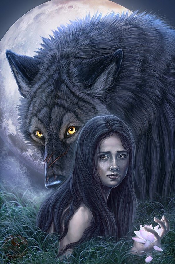 в лунном сиянье... - черный волк, волк, девушка, луна, фэнтези, ночь, женщина, хищник - оригинал