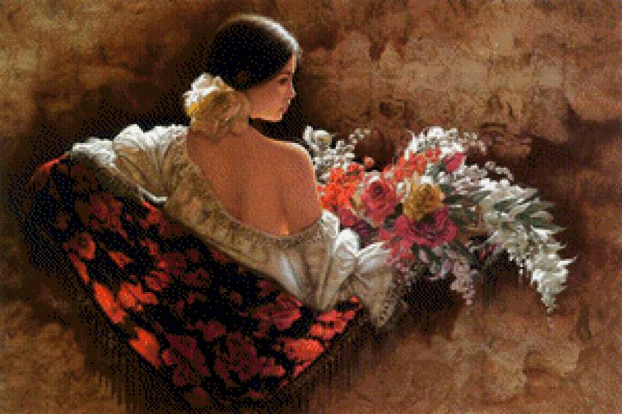 Испанка с букетом - испанка, цветы, букет - предпросмотр