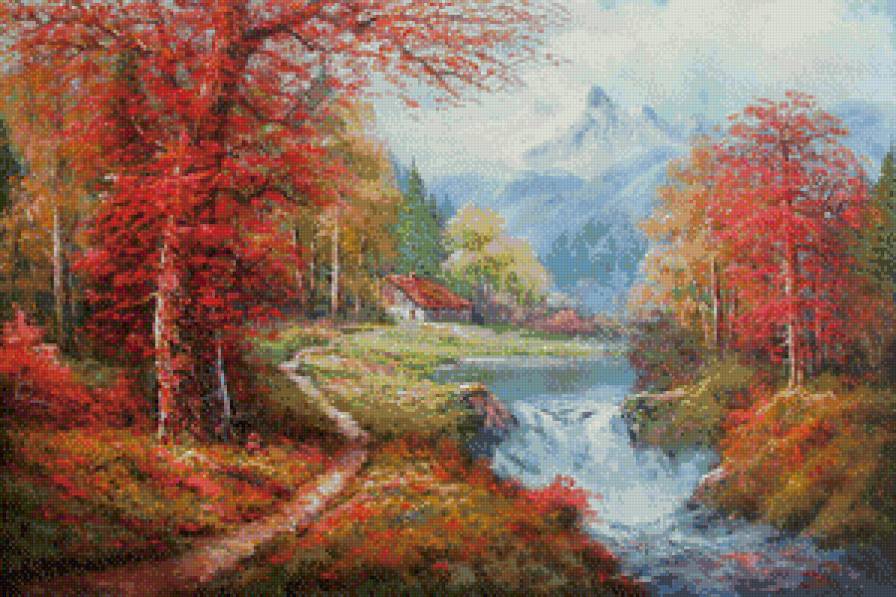 Серия "Пейзажи" - домик, осень, пейзаж, горы, река - предпросмотр