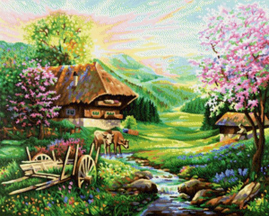 Сельский пейзаж - животные, река, домик, пейзаж, природа - предпросмотр