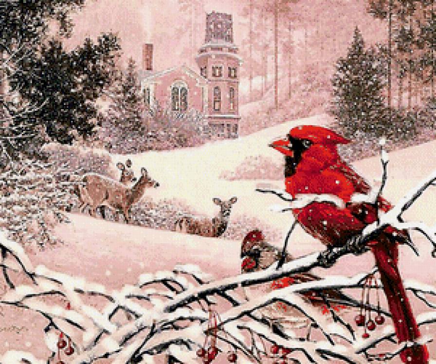 Зимний сюжет - птицы, зима, животные, домик, снегопад - предпросмотр