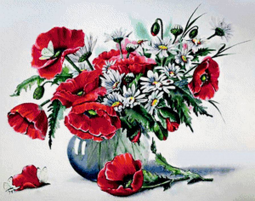 букет маков - мак, цветы, живопись, ромашка, ваза - предпросмотр