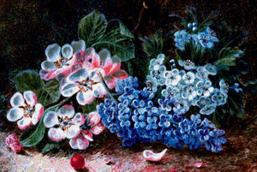 старинная картина - букет, шиповник, природа, роза, сирень, живопись, цветы - предпросмотр