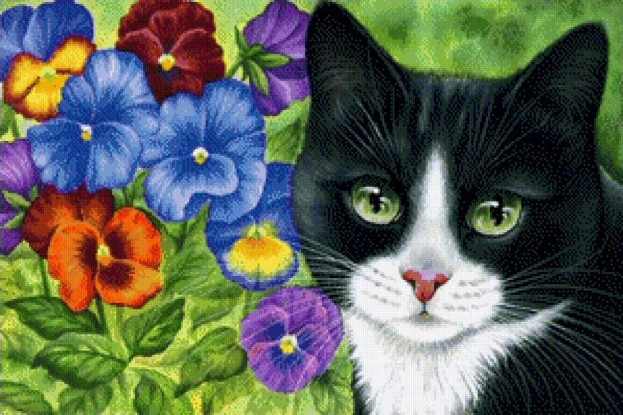кошки и цветы - домашние животные, синие цветы, кот, кошка, анютины глазки - предпросмотр