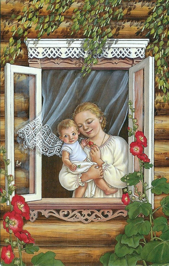 У открытого окна - русь, материнство, ребенок, дети, славяне - оригинал
