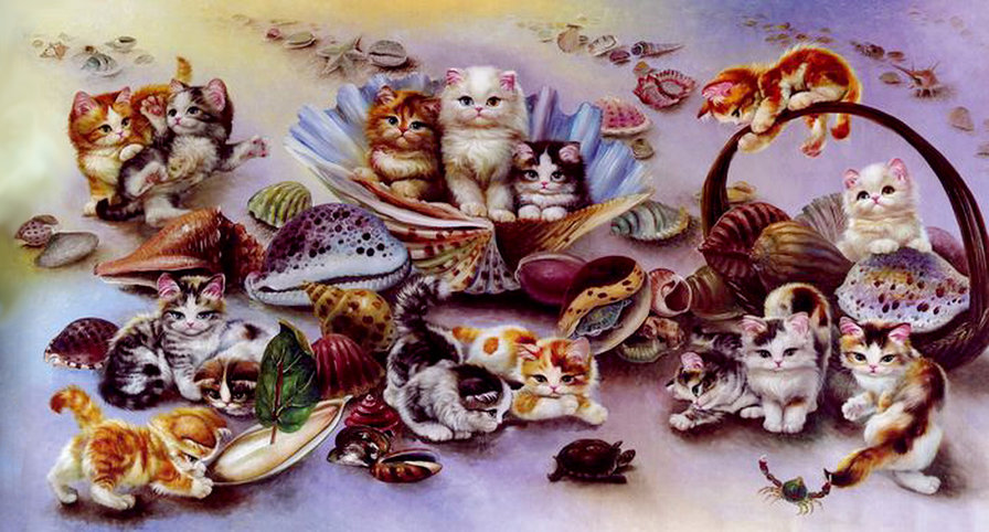 котята у моря - ракушка, котенок, кот, живопись, корзина, картина - оригинал