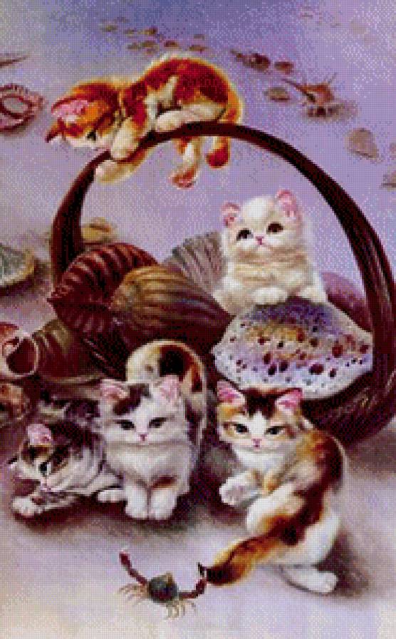 котята у моря часть 3 - кот, котенок, живопись, корзина, картина, ракушка - предпросмотр