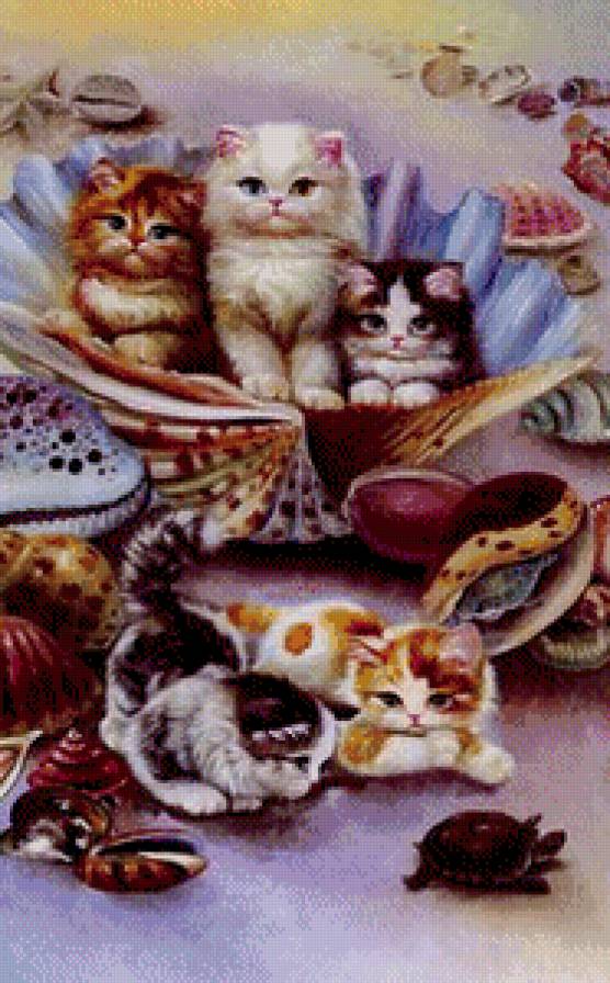 котята у моря часть 2 - живопись, ракушка, котенок, картина, кот, корзина - предпросмотр