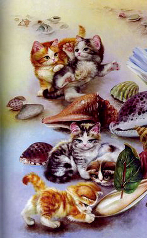 котята у моря часть 1 - кот, котенок, живопись, картина, ракушка, корзина - оригинал