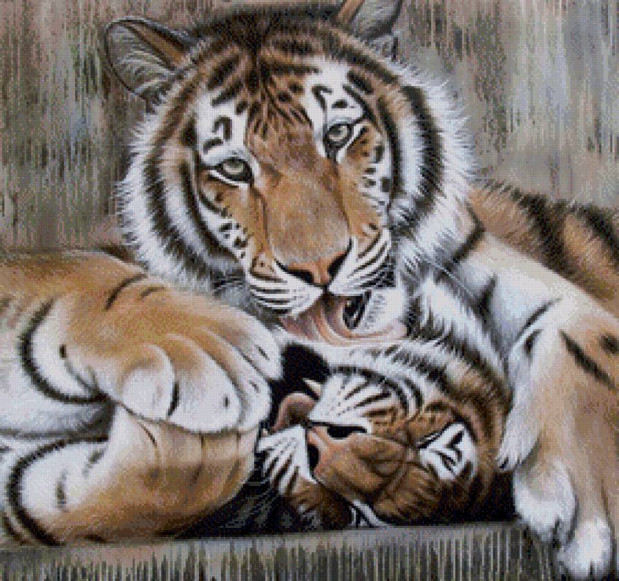 ласка - любовь, поцелуй, живопись, пара, тигр, хищник, взгляд - предпросмотр