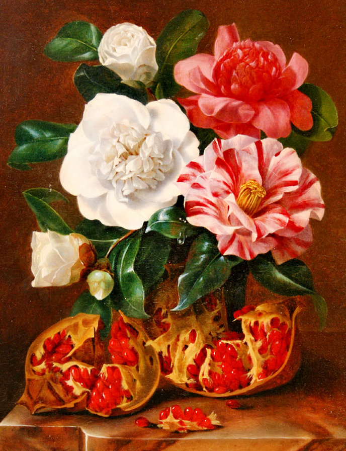 старинная картина - букет, живопись, цветы, гранат, камелия, пион - оригинал