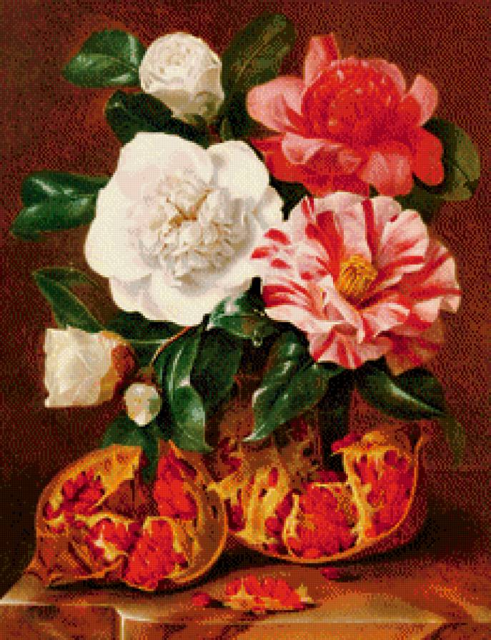 старинная картина - цветы, букет, живопись, пион, гранат, камелия - предпросмотр