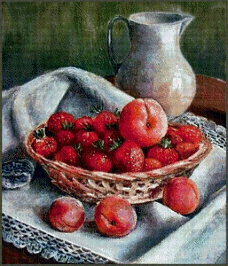 Натюрморт с персиками - натюрморт, персики, клубника - предпросмотр