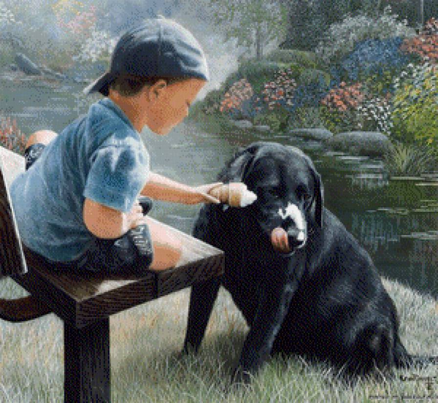 Угощение - животные, дети, река, мальчик, собаки, цветы, лето - предпросмотр