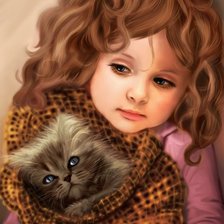 Оригинал схемы вышивки «Девочка с котенком» (№496018)