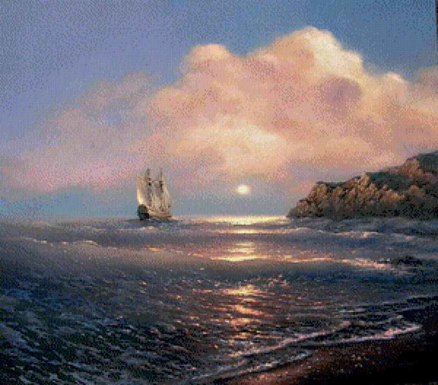 Закат - закат, море, океан, корабль, живопись - предпросмотр