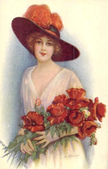 Дама с маками - цветы, шляпка, дама, портрет, маки, картина - оригинал