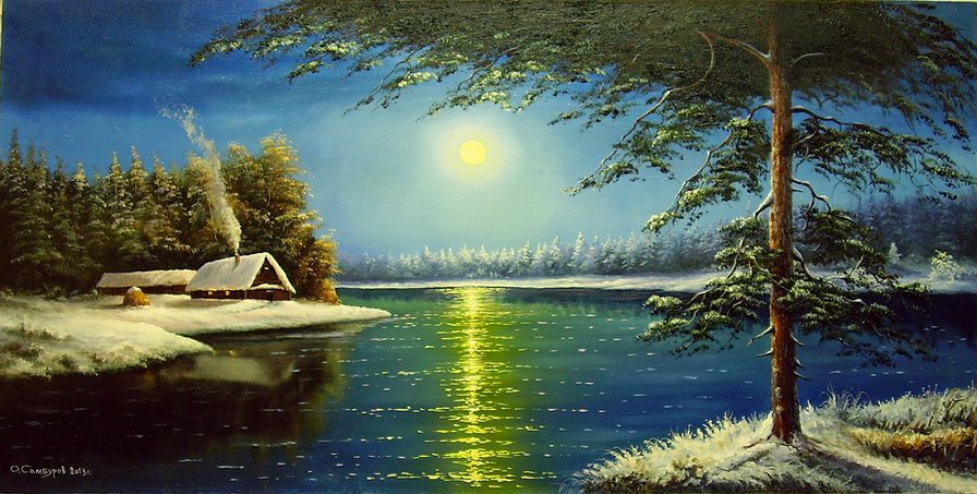 зимняя ночь - пейзаж, дом, речка - оригинал