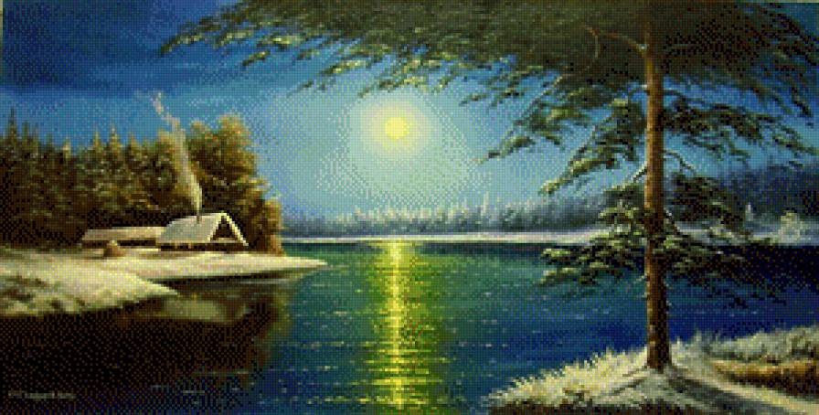 зимняя ночь - речка, пейзаж, дом - предпросмотр