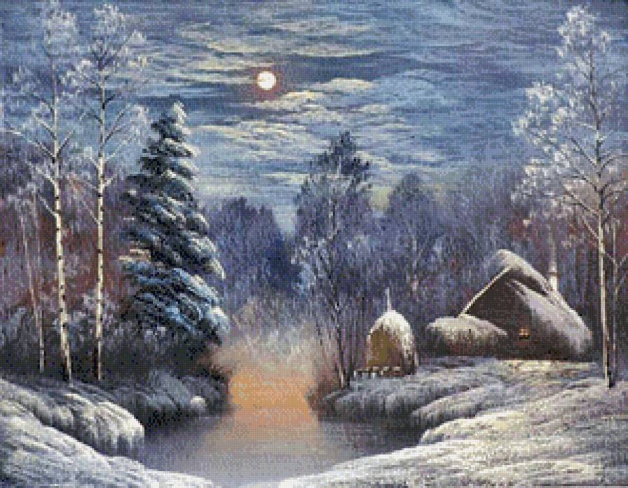 Серия "Пейзажи" - пейзаж, река, снег, домик, зима - предпросмотр