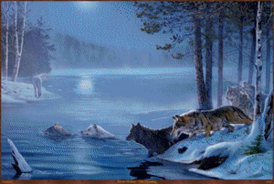 Переправа - зима, пейзаж, волки, река, животные - предпросмотр