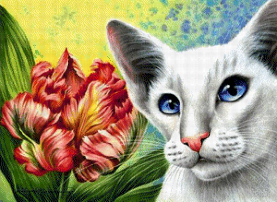 Кошка и Цветы - картина, кот, цветы, пейзаж, кошка, животное - предпросмотр