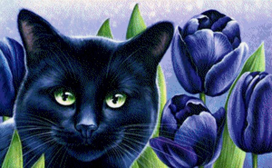 Кошка и Цветы - пейзаж, кот, кошка, картина, животное, цветы - предпросмотр