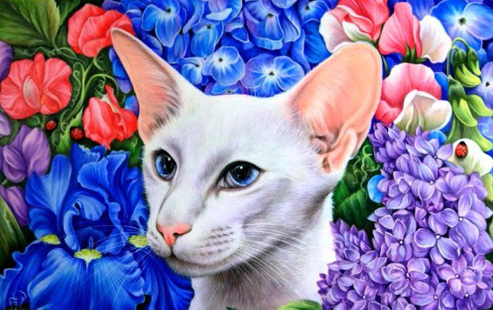 Кошка и Цветы - цветы, животное, кошка, кот, картина, пейзаж - оригинал