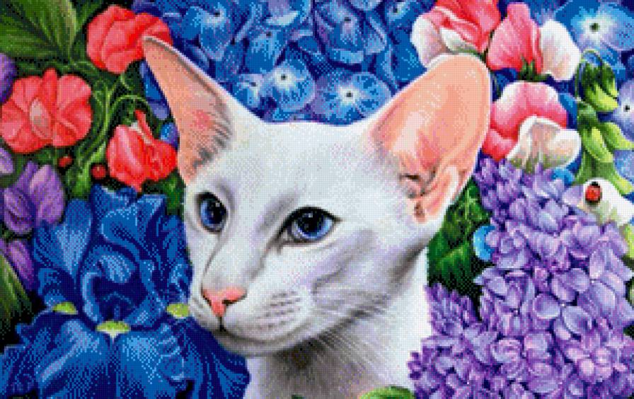 Кошка и Цветы - цветы, картина, кошка, животное, пейзаж, кот - предпросмотр