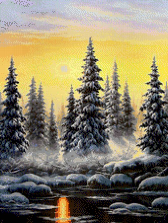 зимние ели - вода, снег, пейзаж, ели, зима - предпросмотр