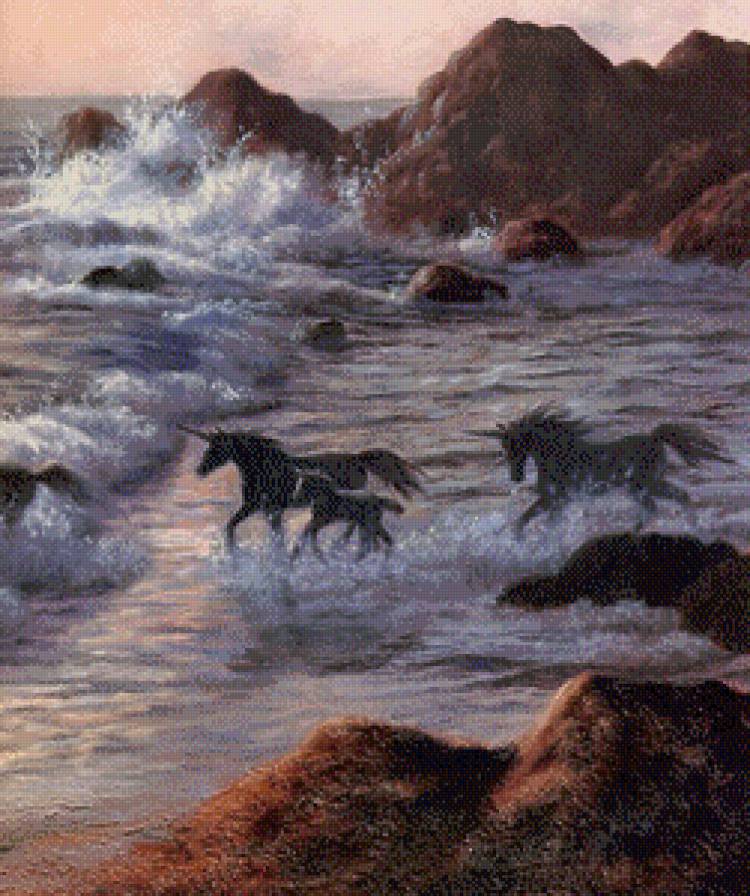 единороги в морской пучине - кони, единороги, животные, лошади - предпросмотр