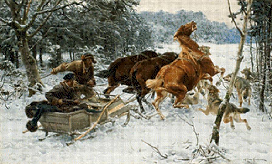 Napad wilkow - wilki, pejzaz, zima, ziwopis - предпросмотр