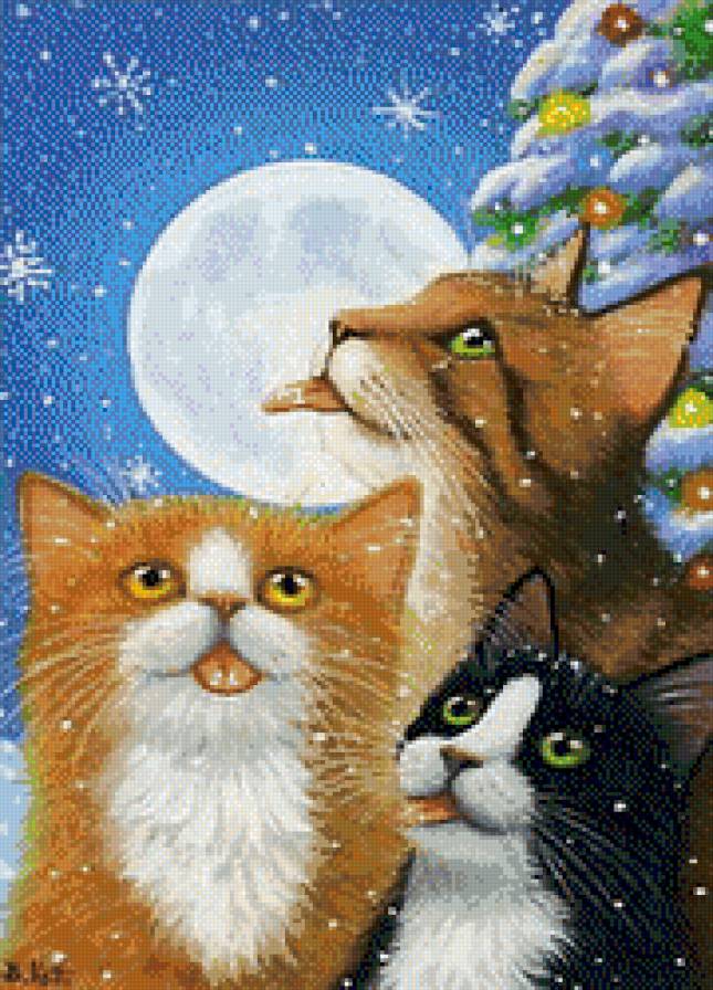 Первый снег - снег, природа, коты, кошки, снежинки, кот, луна, животные, зима - предпросмотр