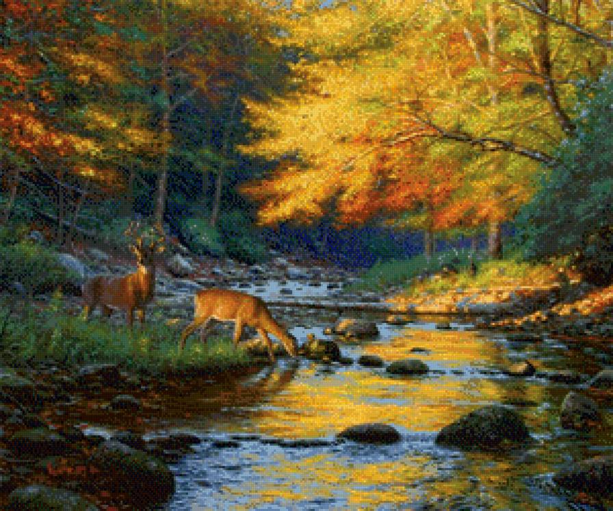 Серия "Пейзажи" - осень, животные, река, пейзаж, олени - предпросмотр
