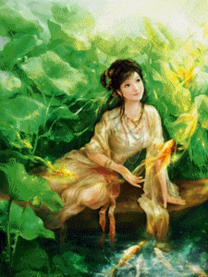 Золотые рыбки - река, девушка, рыбки - предпросмотр